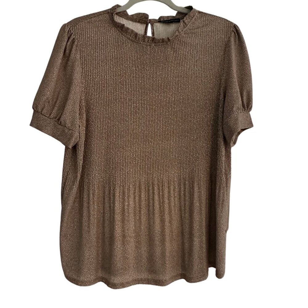 Adrianna Papell Shimmer Babydoll Blouse Medium Taupe Metallic Puff Sleeve